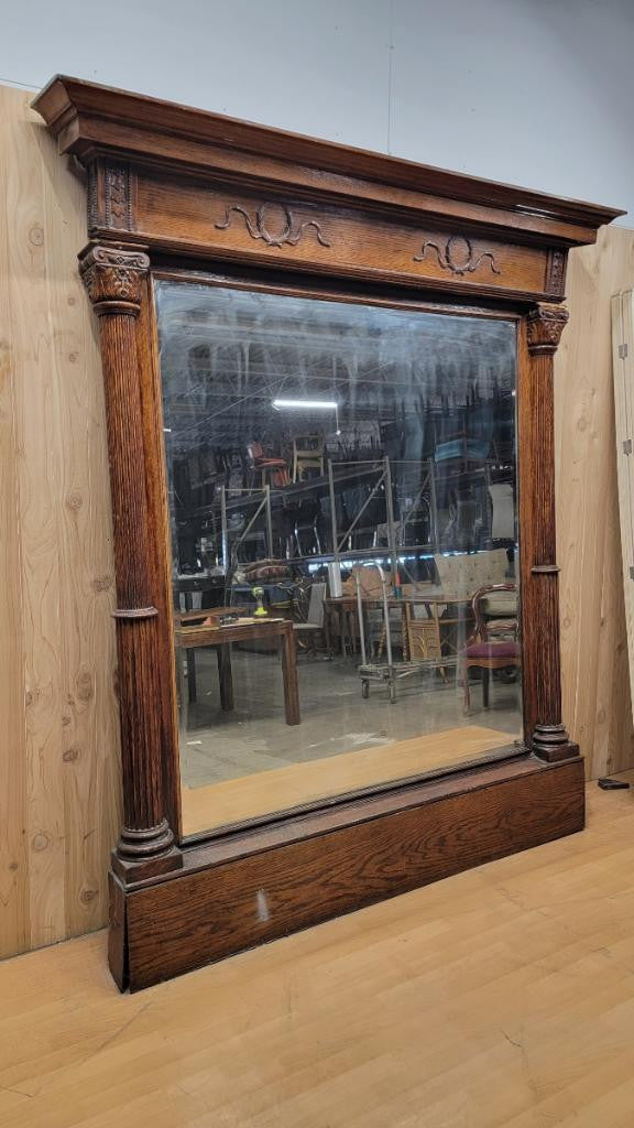 Antique Oversized 8 Foot Carved Oak Dual Column Beveled Wall Mirror