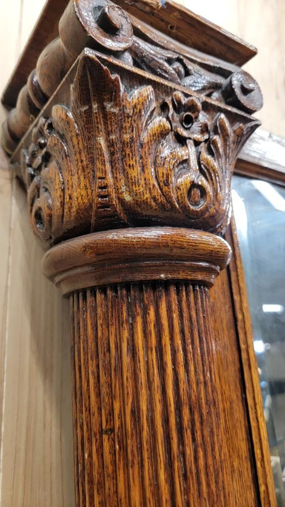 Antique Oversized 8 Foot Carved Oak Dual Column Beveled Wall Mirror