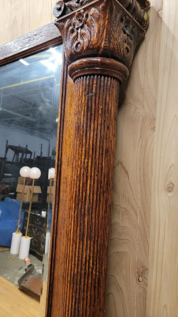 Antique Oversized 8 Foot Carved Oak Dual Column Beveled Wall Mirror