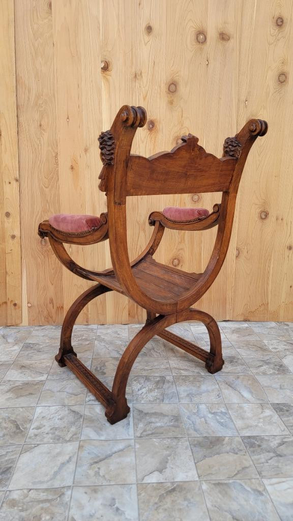 Antique Italian Renaissance Revival Carved Ornate Figural Savonarola Chair
