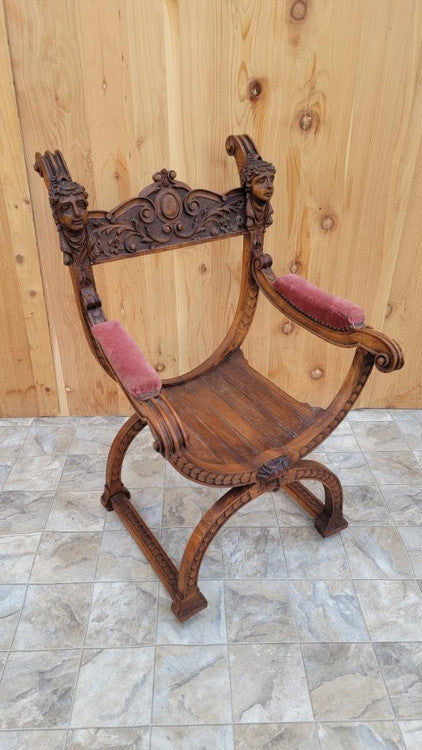 Antique Italian Renaissance Revival Carved Ornate Figural Savonarola Chair