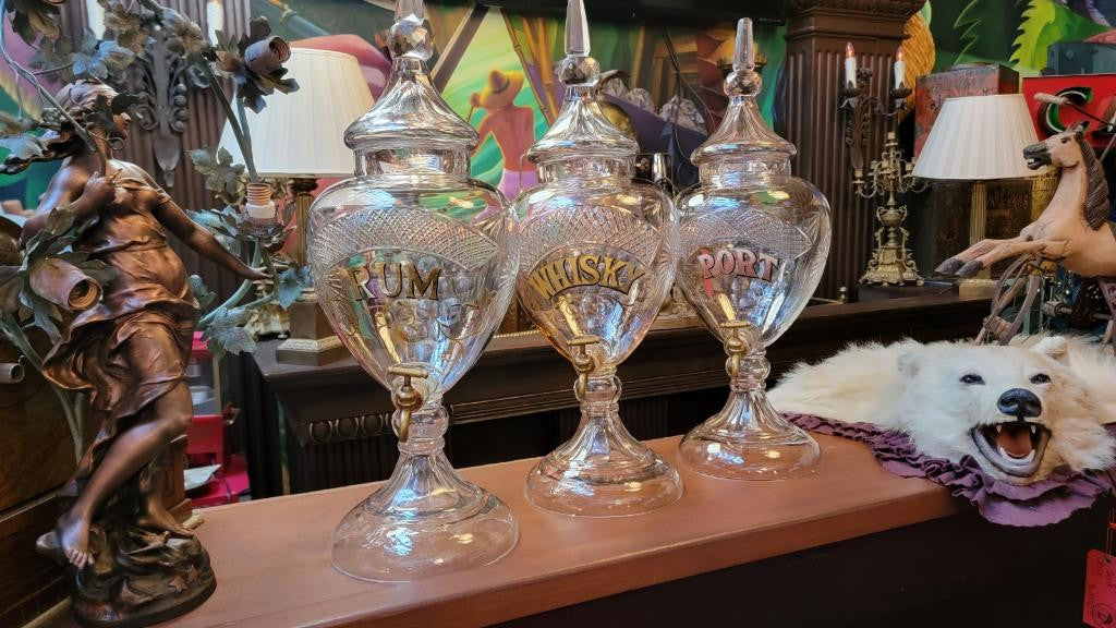 Antique Monumental Cut Crystal Glass Liquor Dispenser Decanter - Set of 3