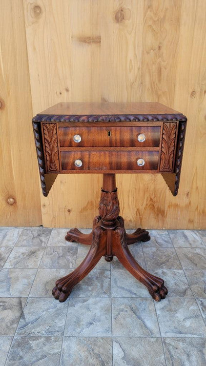 Antique Empire Hand Carved Flame Mahogany 2 Drawer Drop-Leaf Sewing Work/Side Table