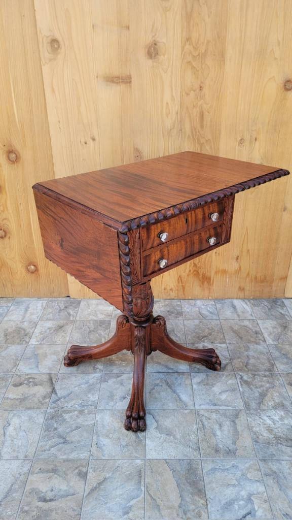 Antique Empire Hand Carved Flame Mahogany 2 Drawer Drop-Leaf Sewing Work/Side Table