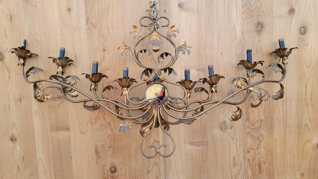 Antique Italian Rococo Style Tole Gold Gilded 9-Light Wall Sconces - Pair