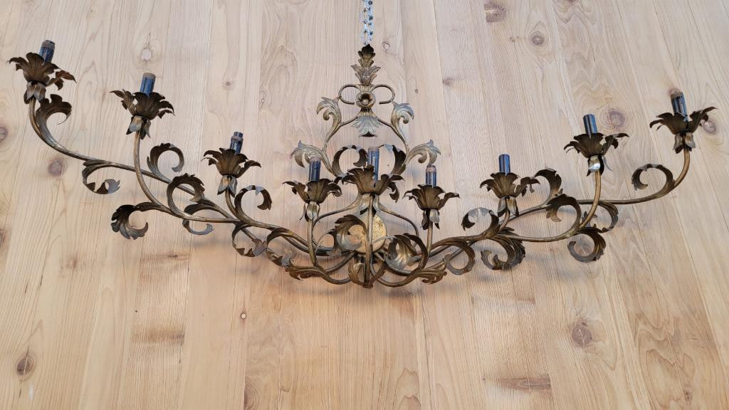 Antique Italian Rococo Style Tole Gold Gilded 9-Light Wall Sconces - Pair