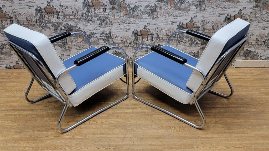 Vintage Art Deco Chrome Tubular Lounge Chairs Newly Upholstered in a High End Edelman Leather - Pair