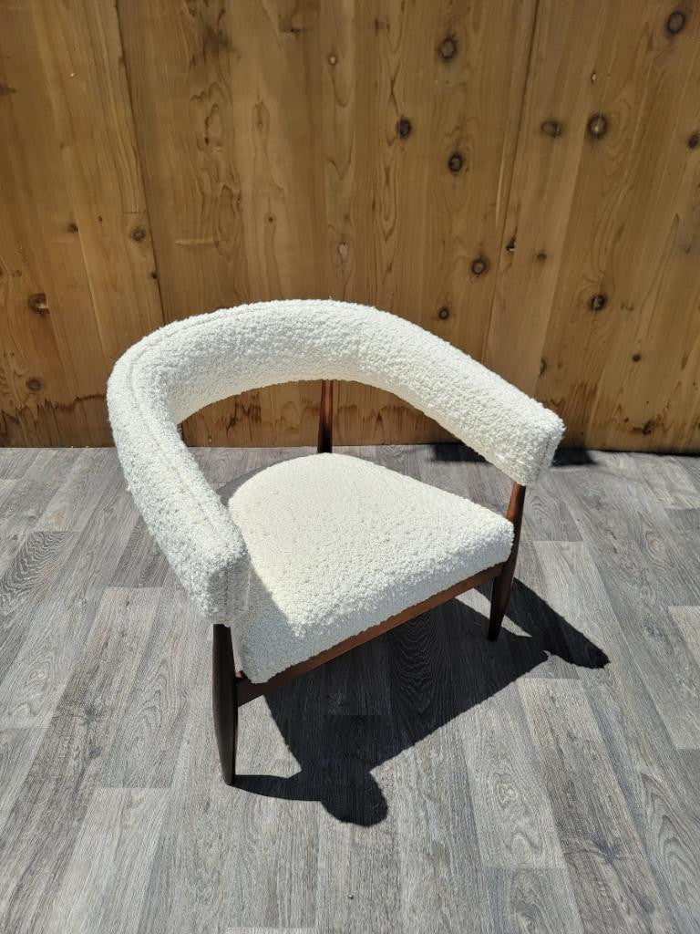 Mid Century Modern Walnut Barrel Back Lounge Chairs Newly Upholstered in a Natural Boucle