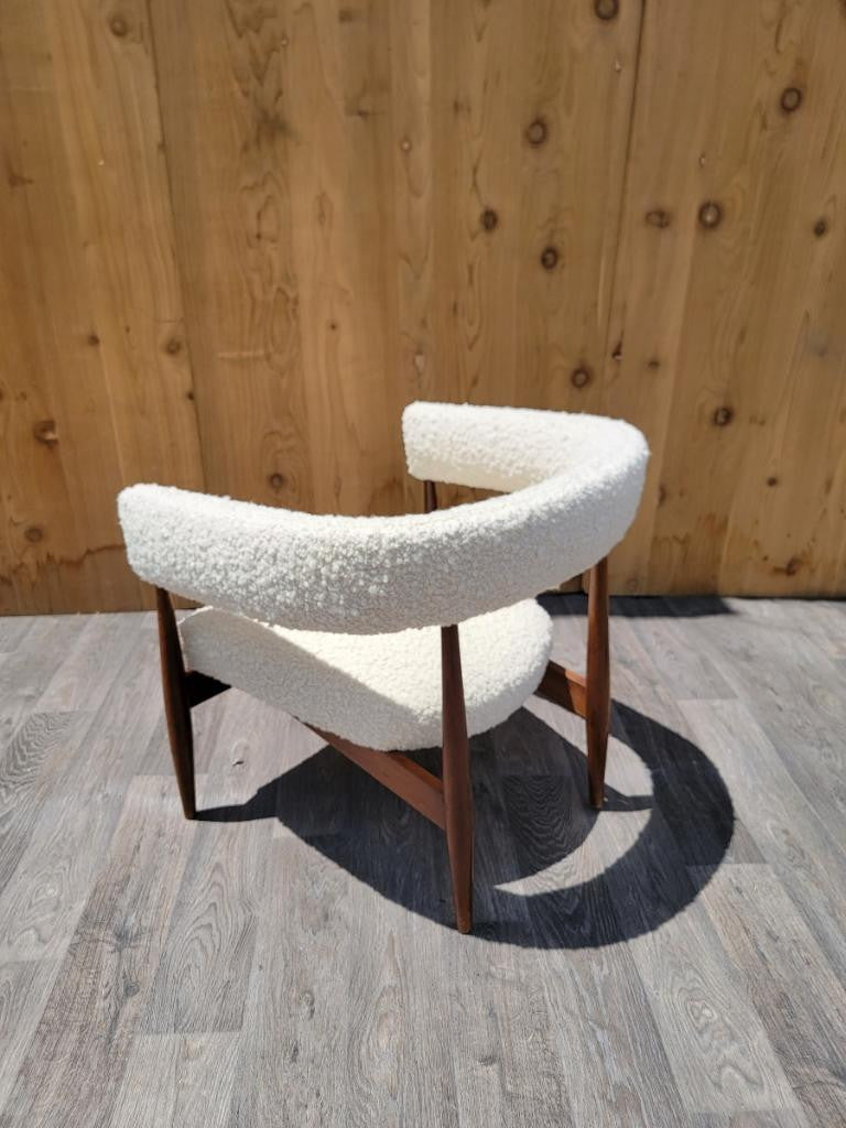 Mid Century Modern Walnut Barrel Back Lounge Chairs Newly Upholstered in a Natural Boucle