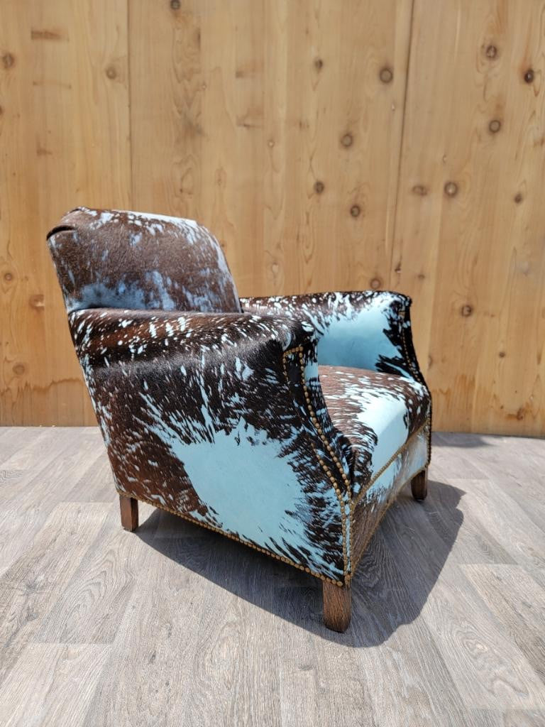 French Art Deco His & Hers Club Chairs Newly Upholstered in Baby-Blue & Black Brazilian Cowhide with Nail-Head Trim - Set of 2