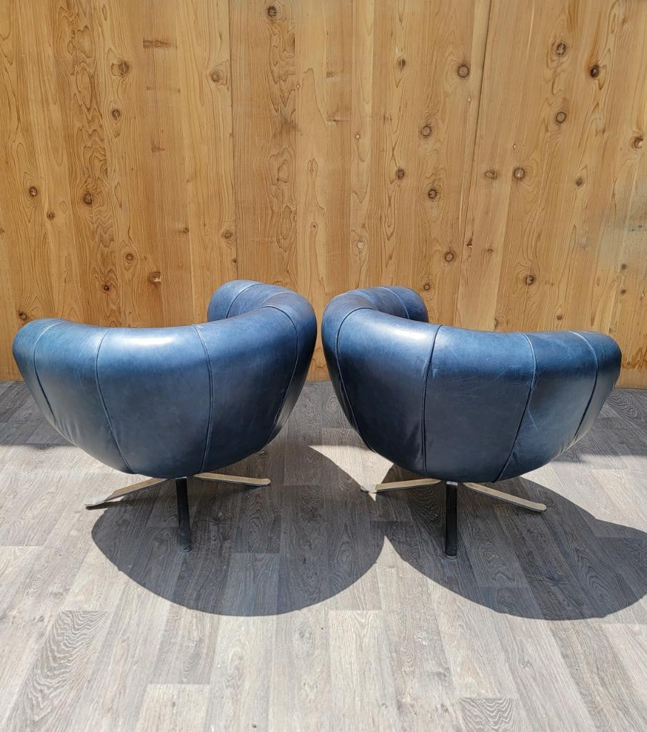 Mid Century Modern Swedish Illum Wikkelso Style Swivel Pod Chairs Newly Upholstered Blue Leather - Pair