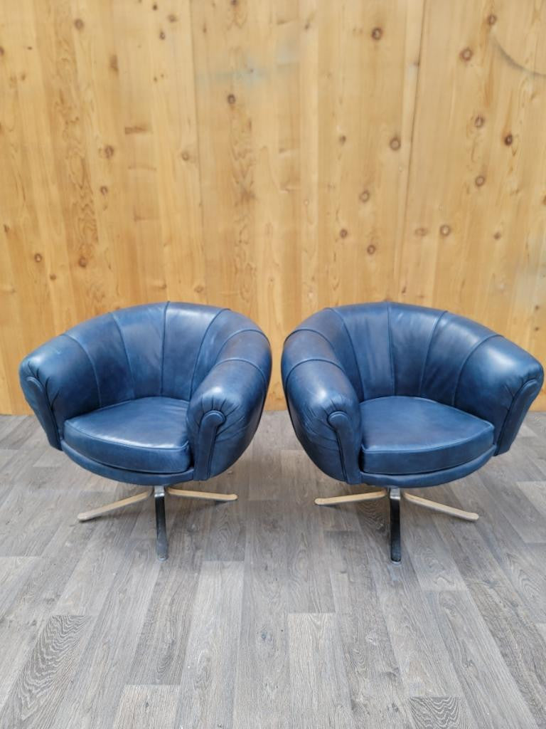 Mid Century Modern Swedish Illum Wikkelso Style Swivel Pod Chairs Newly Upholstered Blue Leather - Pair