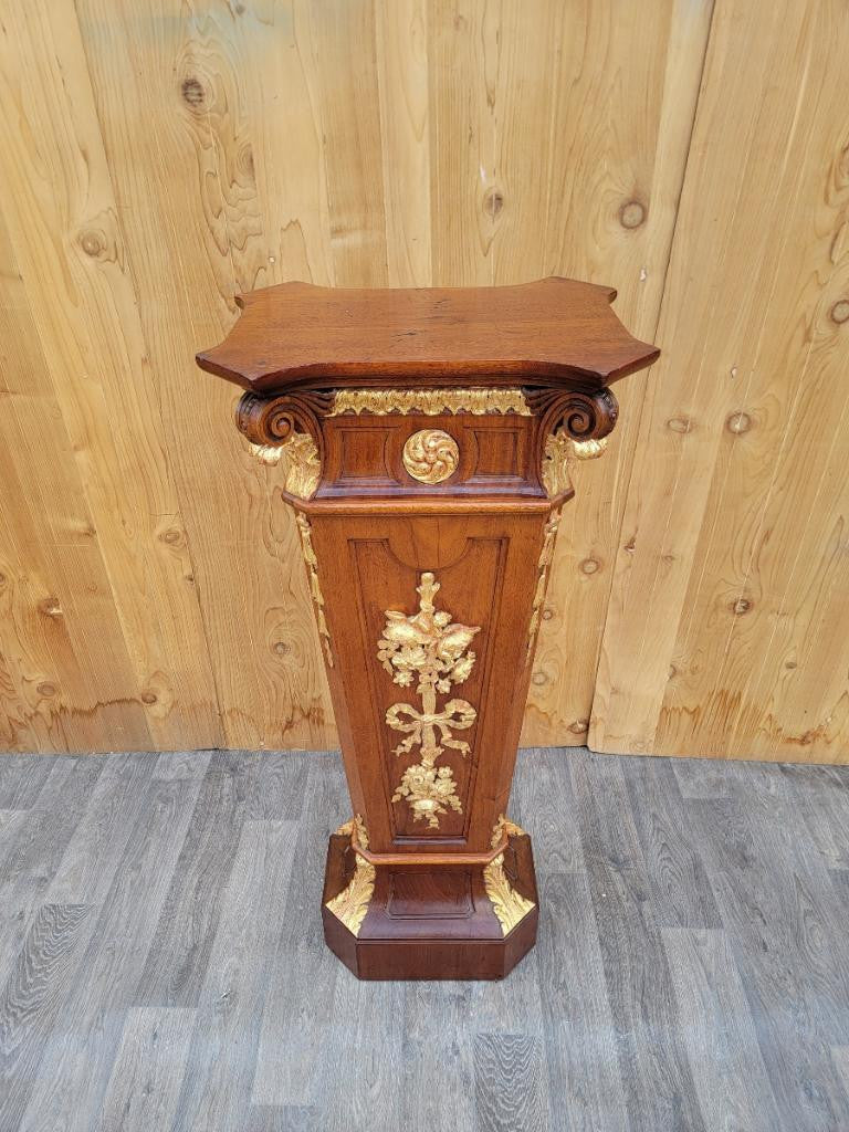 Antique French Louis XVI Style Gilt Ormolu Floral Marquetry Pedestal Stand