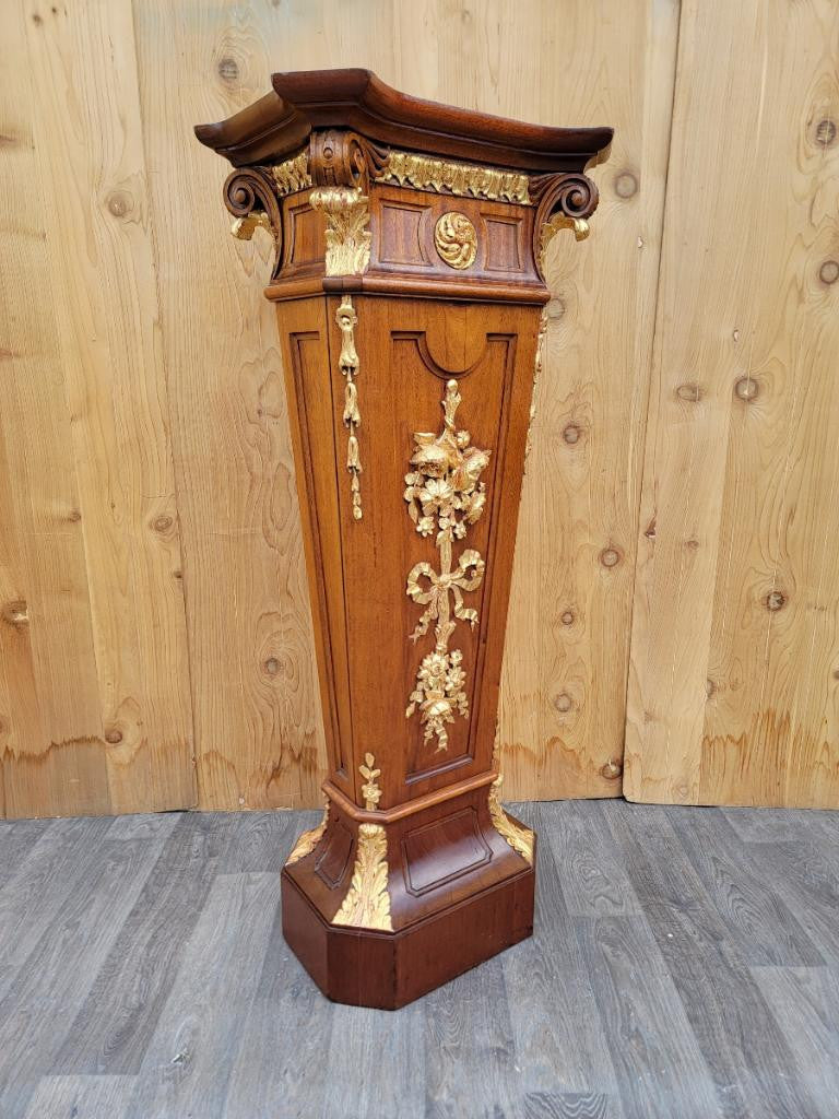 Antique French Louis XVI Style Gilt Ormolu Floral Marquetry Pedestal Stand