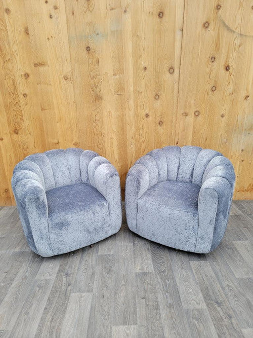 Mid Century Modern Channel-Back Swivel Lounge Chairs Newly Upholstered in Boucle