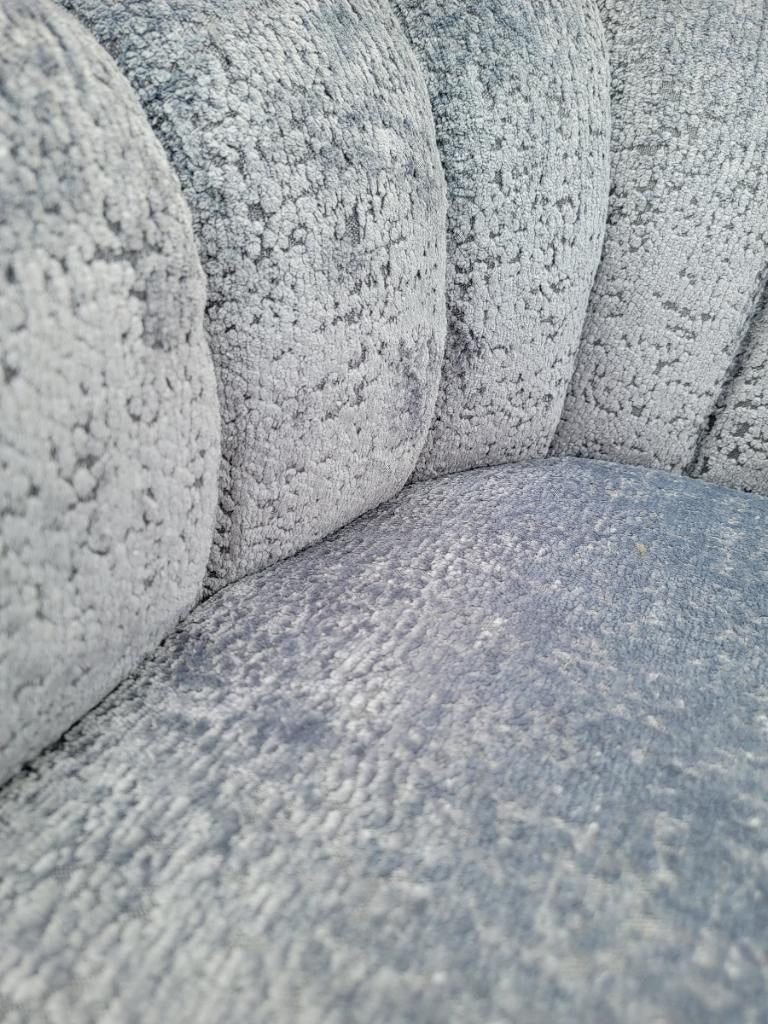 Mid Century Modern Channel-Back Swivel Lounge Chairs Newly Upholstered in "Powder-Blu" Boucle