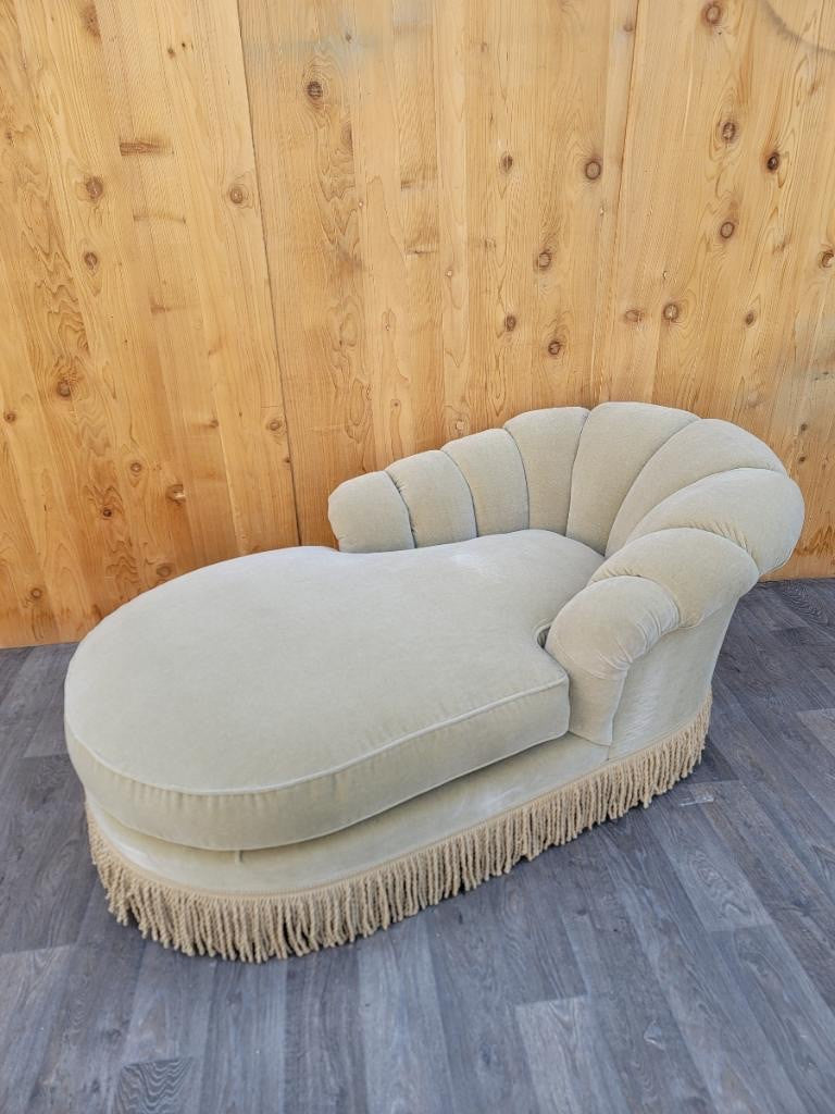 Vintage Marge Carson Style Channel Back Chaise Lounge Newly Upholstered In "Crème-Latte" Italian Mohair with Hemp Skirt