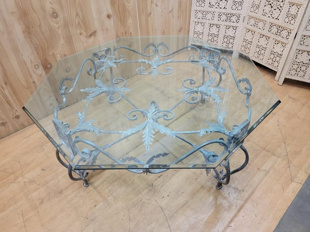 Vintage French Parisian Wrought Iron Octagonal Glass Top Coffee Table
