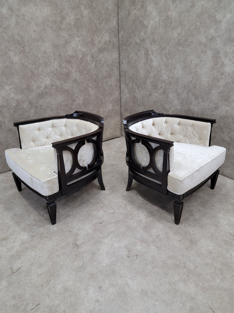 Vintage Modern Geometric Barrel Back Tufted Club Chairs Newly Upholstered in Velvet - Pair