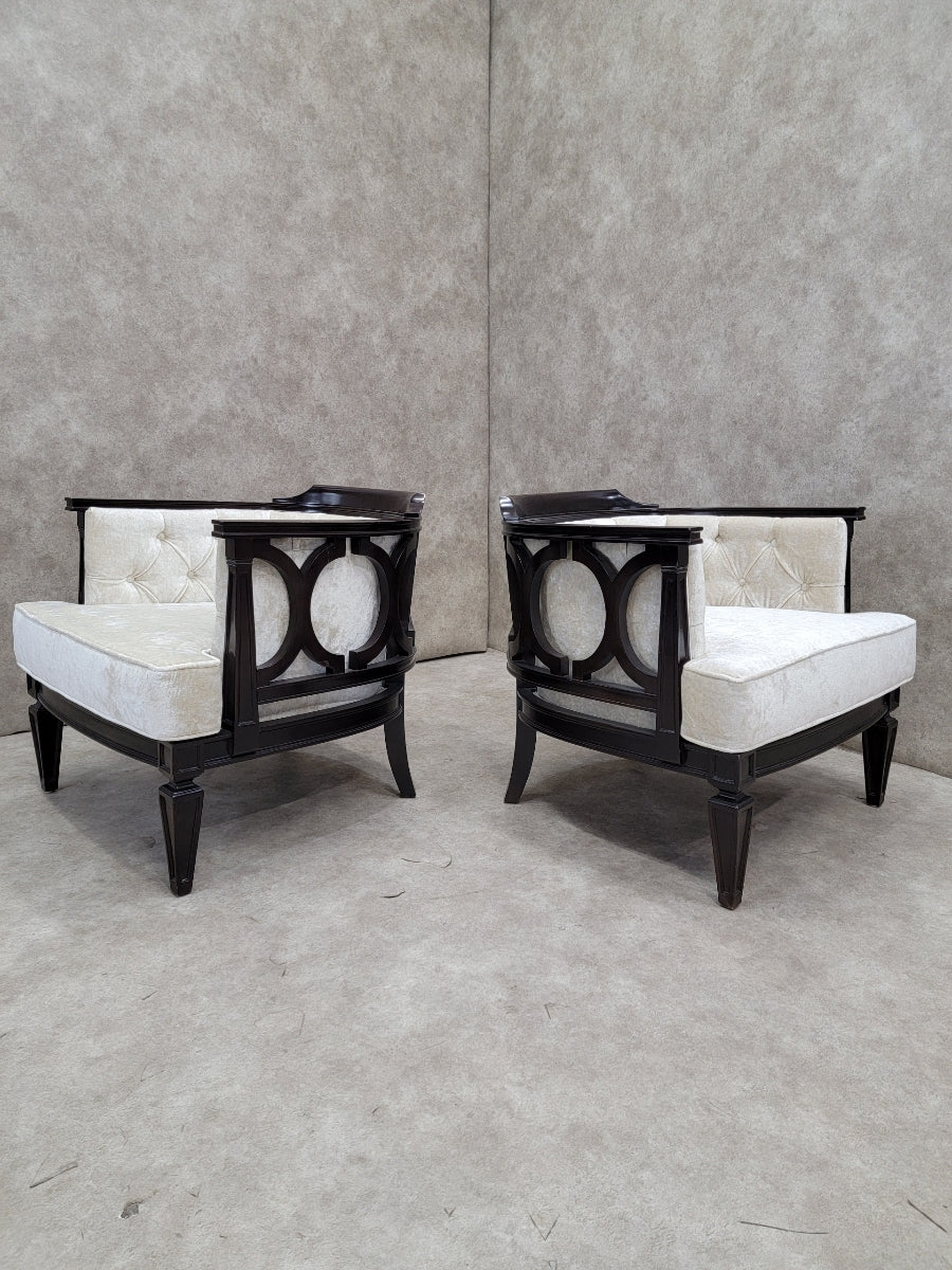 Vintage Modern Geometric Barrel Back Tufted Club Chairs Newly Upholstered in Velvet - Pair