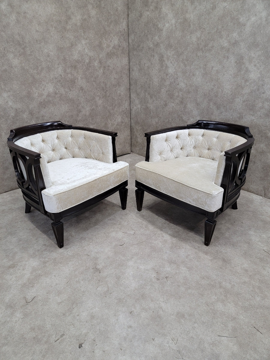 Vintage Modern Geometric Barrel Back Tufted Club Chairs Newly Upholstered in Velvet - Pair