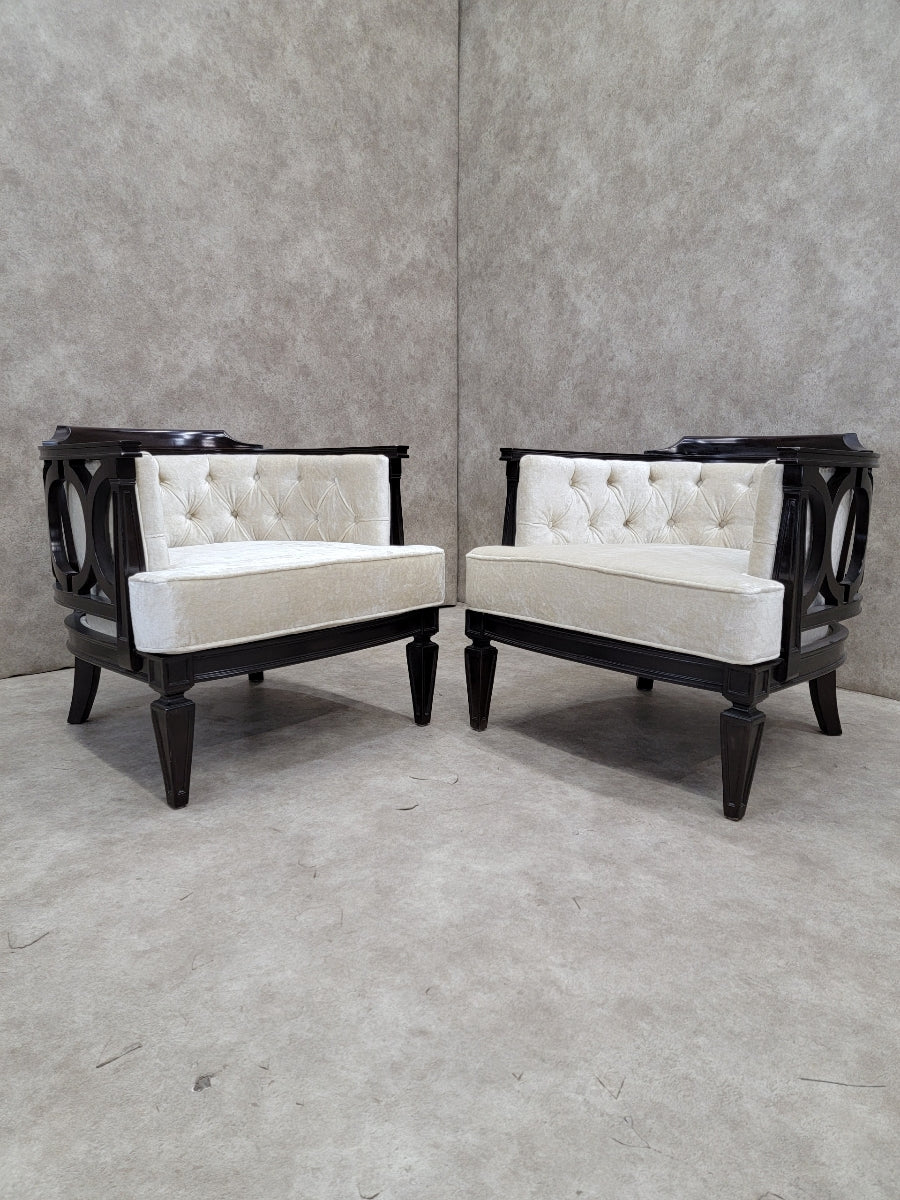 Vintage Modern Geometric Barrel Back Tufted Club Chairs Newly Upholstered in Velvet - Pair