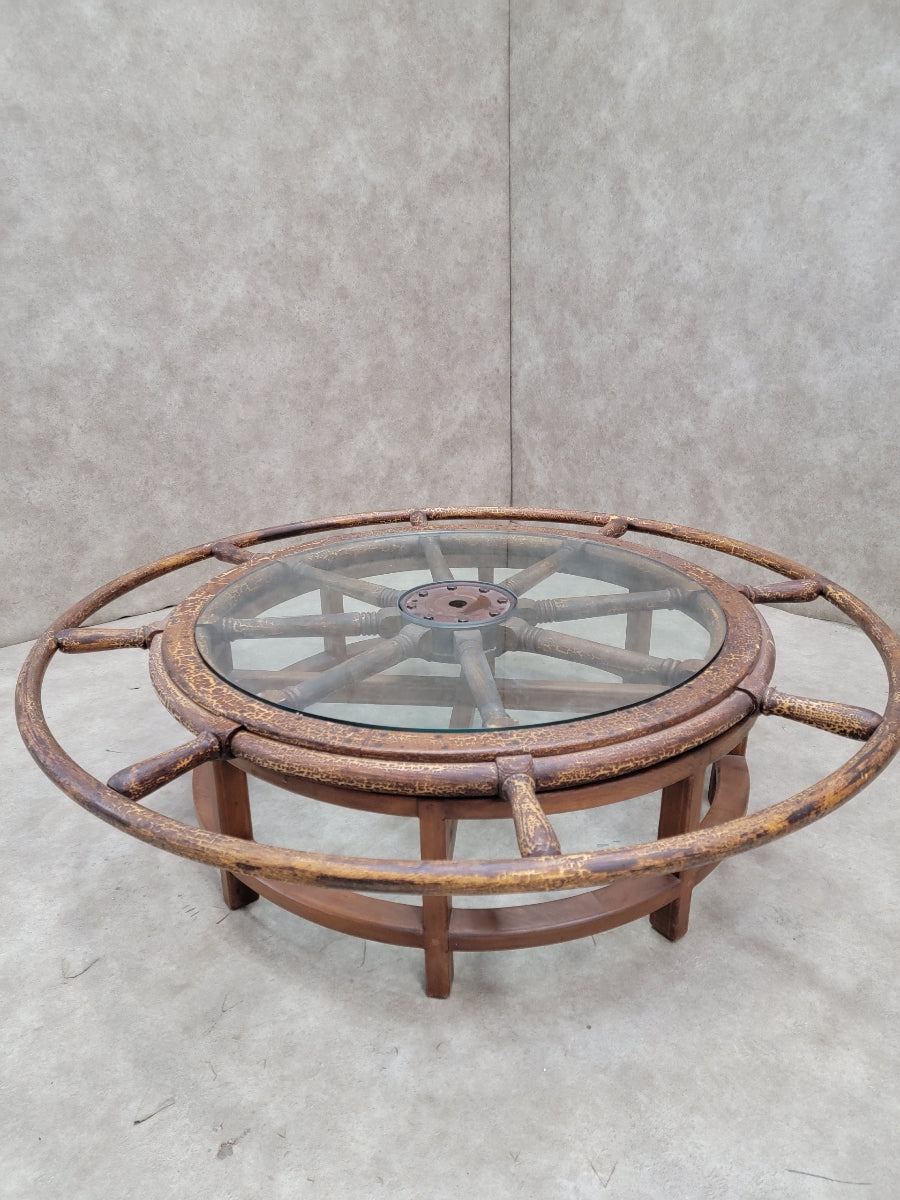 Antique Nautical Ships Wheel Custom Glass Top Coffee Table