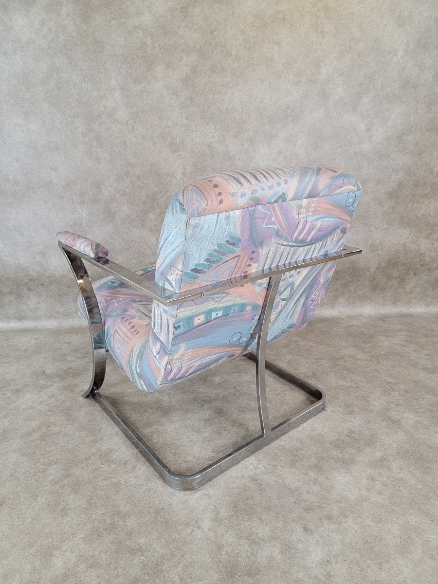 Postmodern Chrome Flat Bar Original Retro Patterned Upholstered Scoop Chair