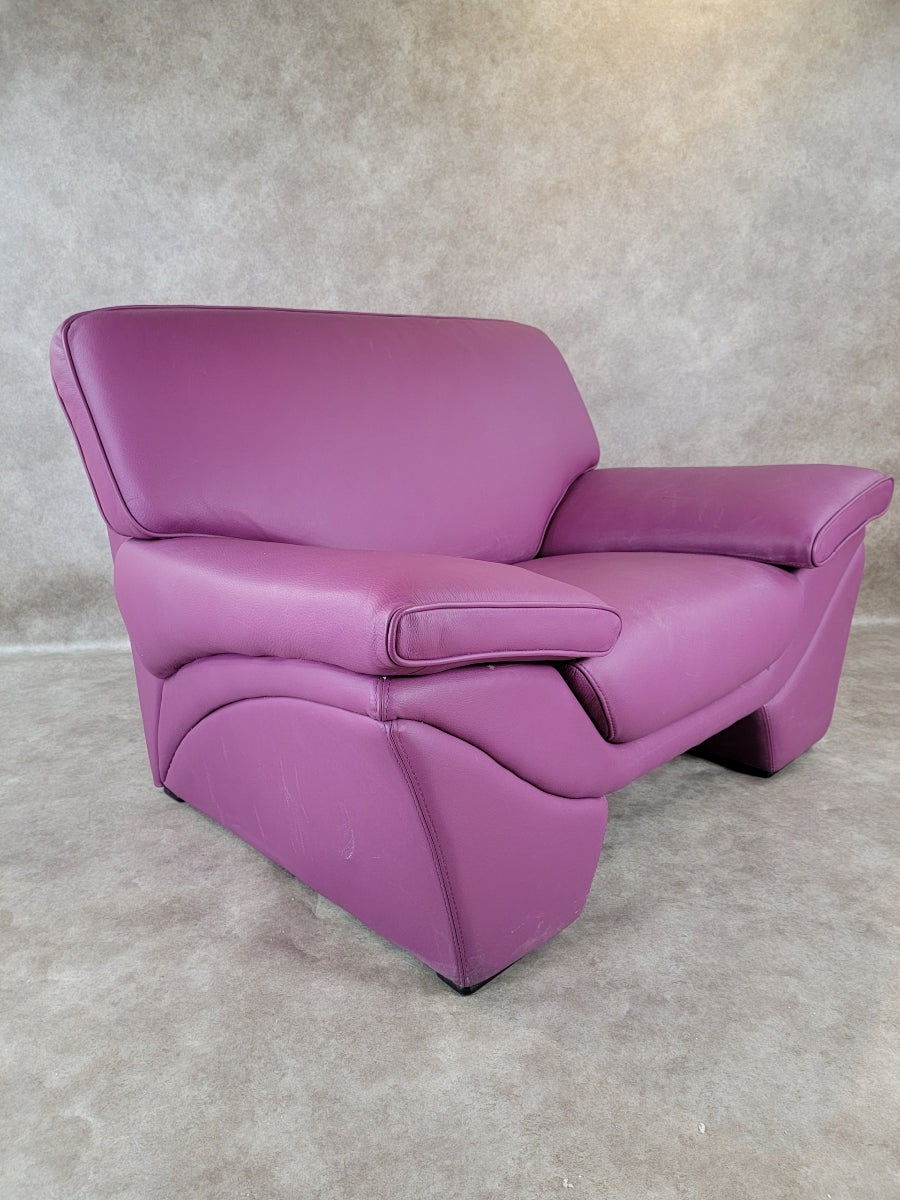 Postmodern Plum Leather Sofa & Oversized Chair Set