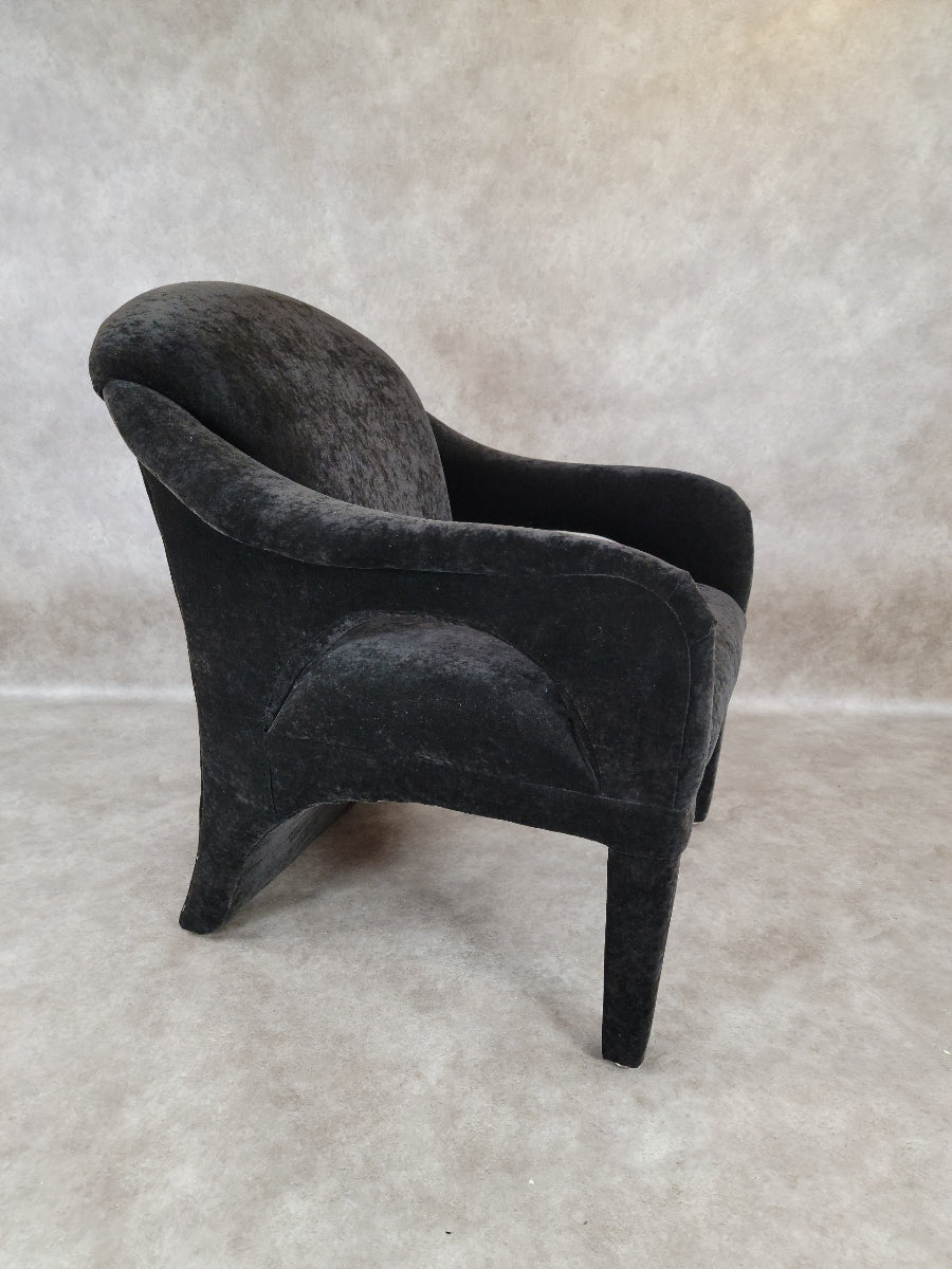 Postmodern Vladimir Kagen Style Black Crushed Velvet Upholstered Club Lounge Chair