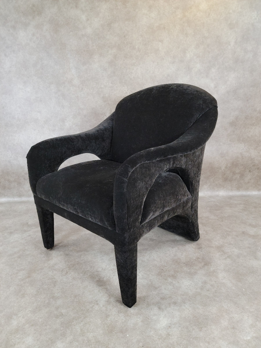 Postmodern Vladimir Kagen Style Black Crushed Velvet Upholstered Club Lounge Chair