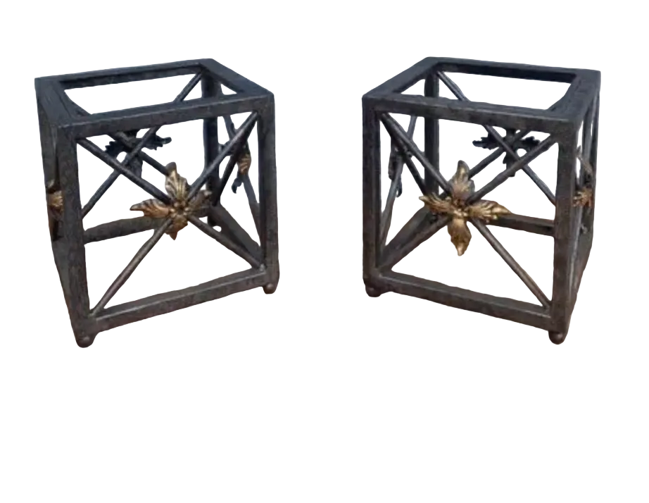 French Wrought Iron Cube Side Tables with Gilded Fleur-de-Lis Floral Motifs – Pair