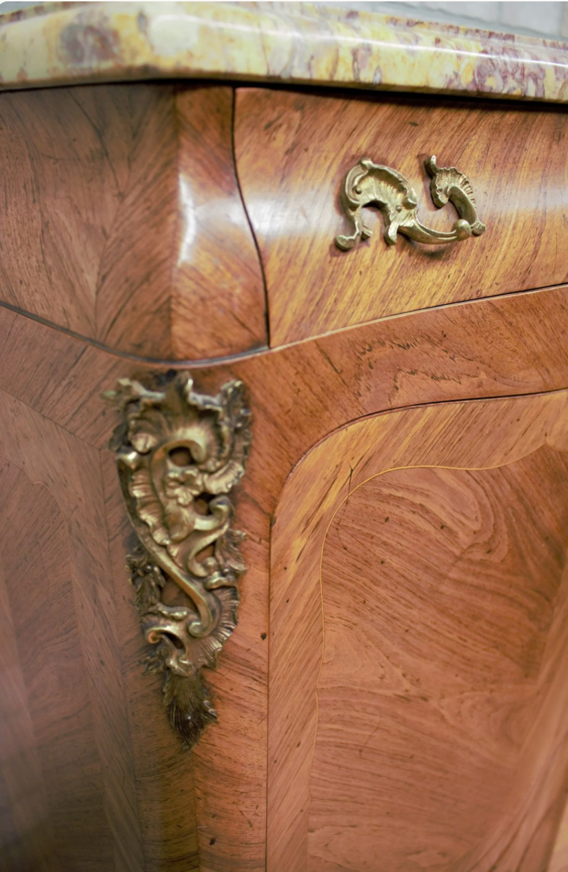 French Louis XV Revival Marquetry Fall-Front Secretary Desk with Marble Top