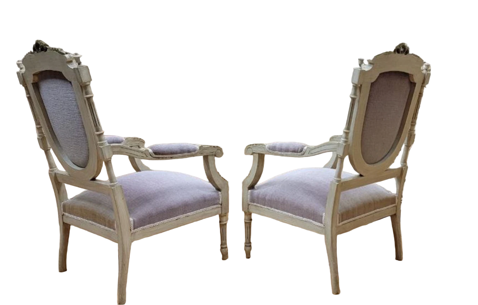 Antique Victorian Carved Ornate Chairs Newly Reupholstered in Lilac Italian Mohair - Pair