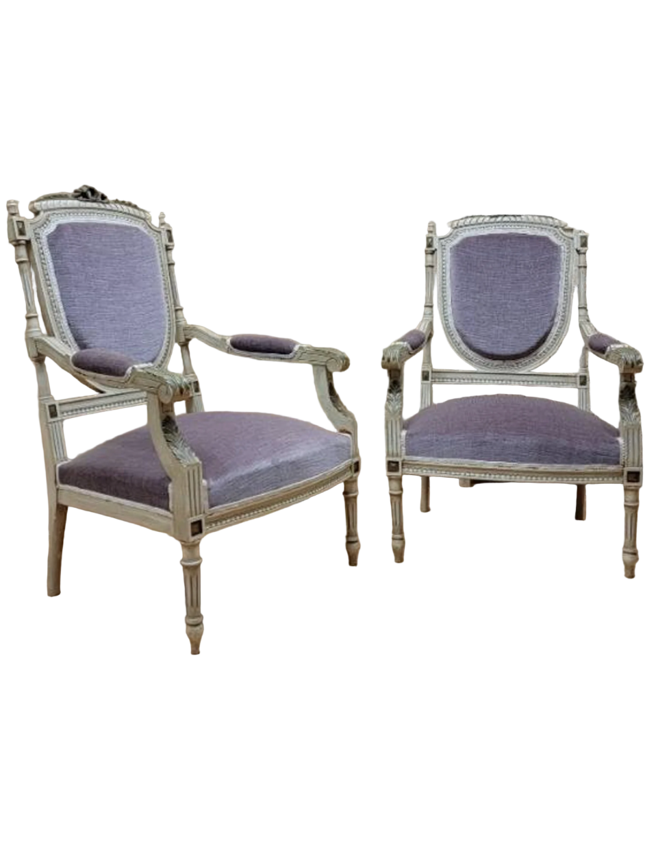 Antique Victorian Carved Ornate Chairs Newly Reupholstered in Lilac Italian Mohair - Pair