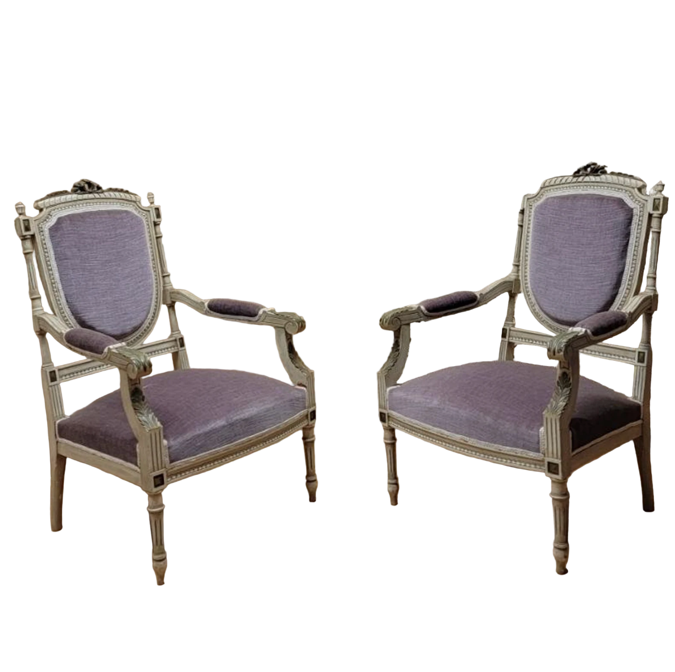 Antique Victorian Carved Ornate Chairs Newly Reupholstered in Lilac Italian Mohair - Pair