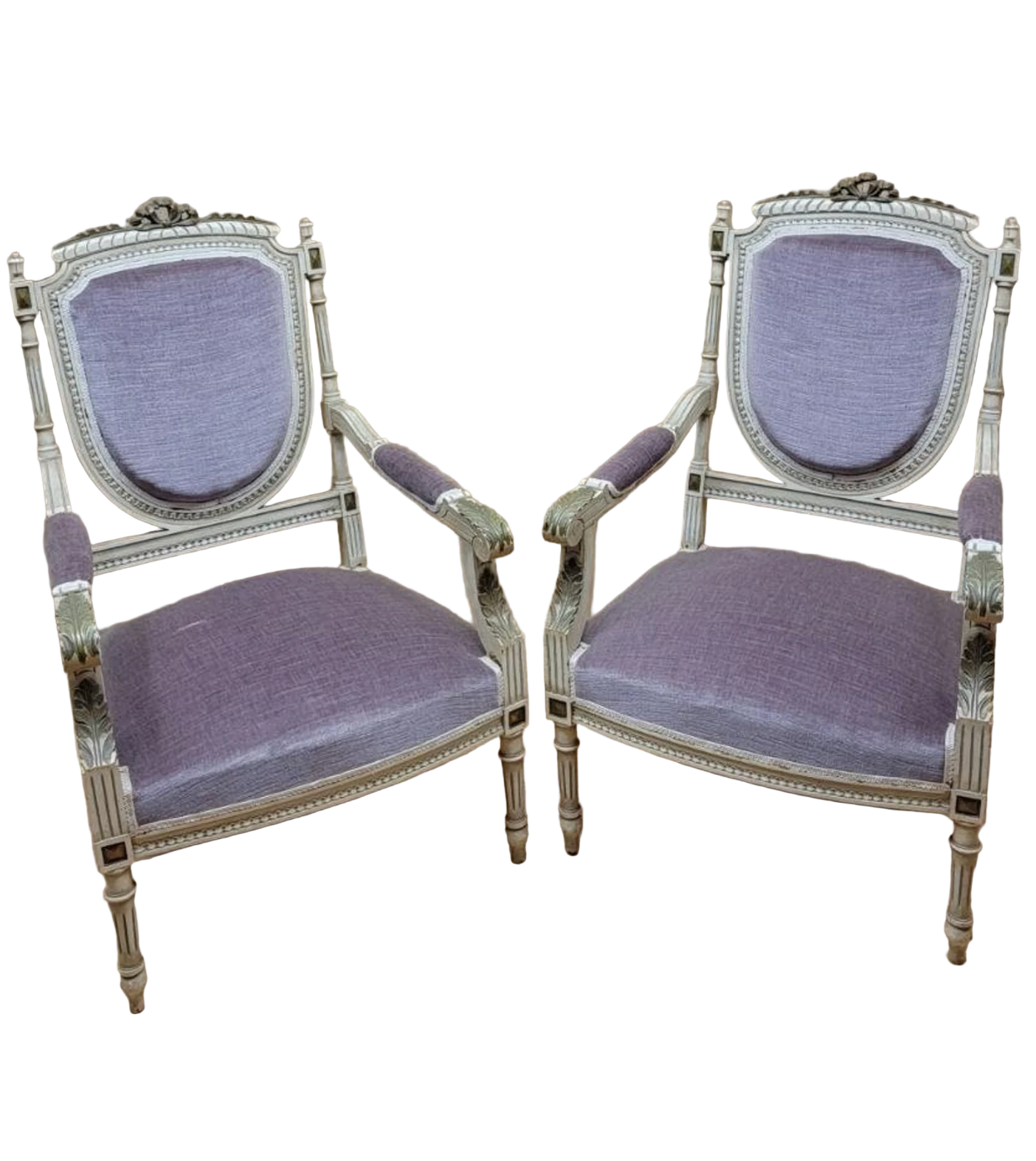 Antique Victorian Carved Ornate Chairs Newly Reupholstered in Lilac Italian Mohair - Pair