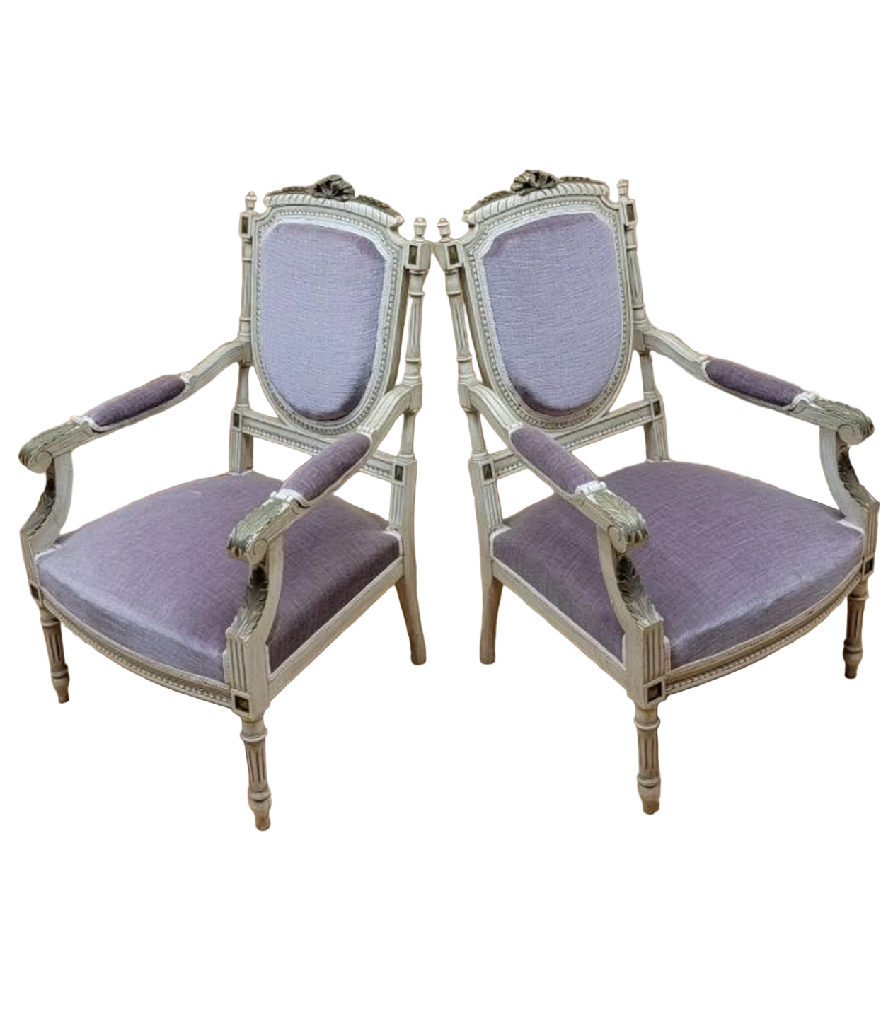 Antique Victorian Carved Ornate Chairs Newly Reupholstered in Lilac Italian Mohair - Pair