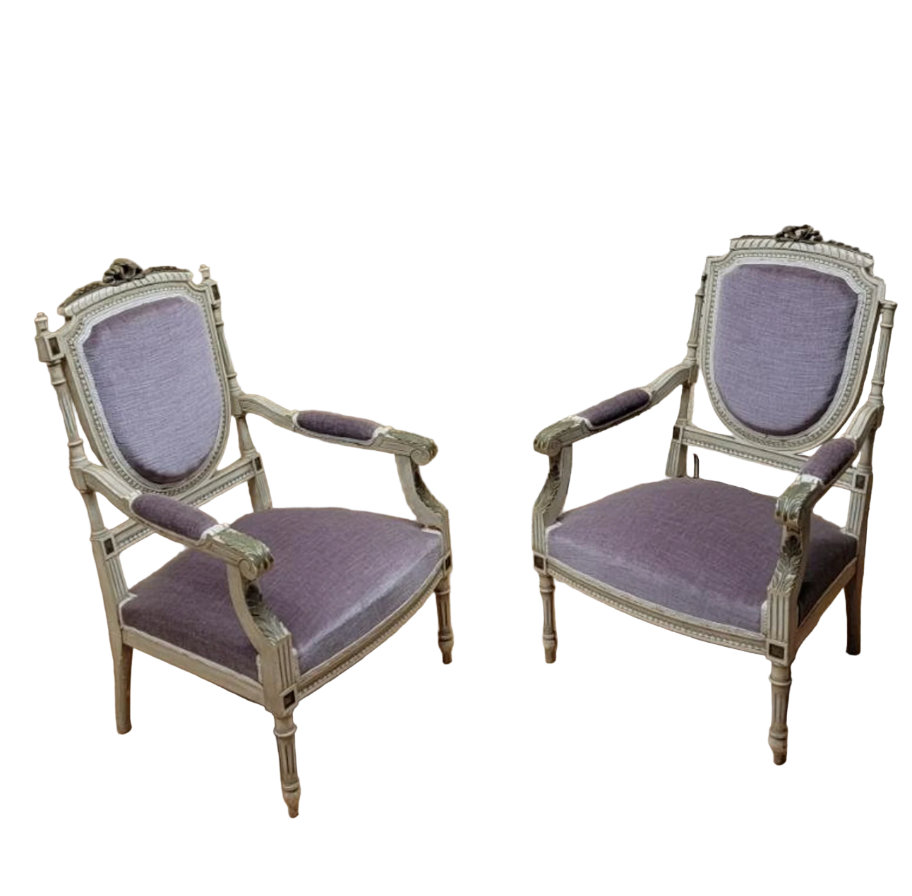 Antique Victorian Carved Ornate Chairs Newly Reupholstered in Lilac Italian Mohair - Pair