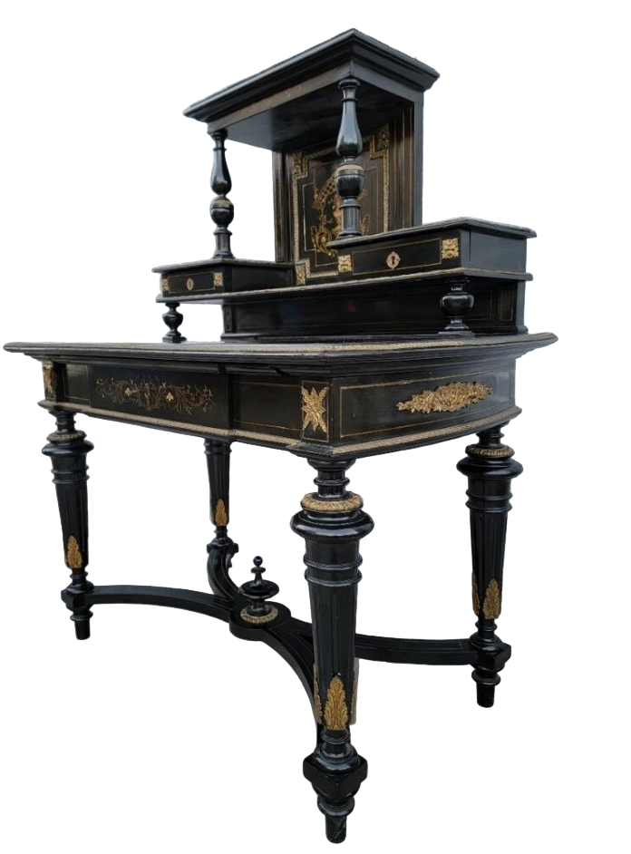 Vintage French Napoleon III Style Ebonized Lacquered Bonheur Du Jour Writing Desk