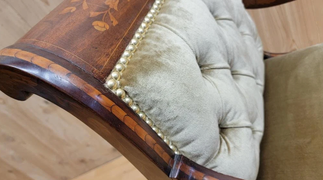 Antique Neoclassical Inlaid Scroll Arm Armchair Desk Chair Newly Reupholstered in Gold Velvet