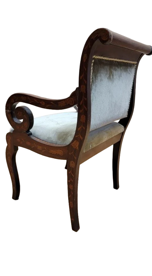 Antique Neoclassical Inlaid Scroll Arm Armchair Desk Chair Newly Reupholstered in Gold Velvet