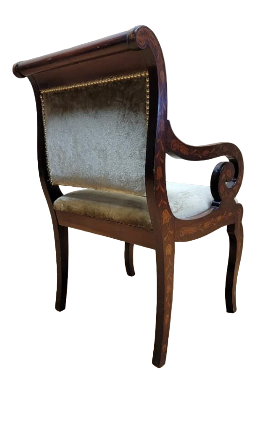 Antique Neoclassical Inlaid Scroll Arm Armchair Desk Chair Newly Reupholstered in Gold Velvet