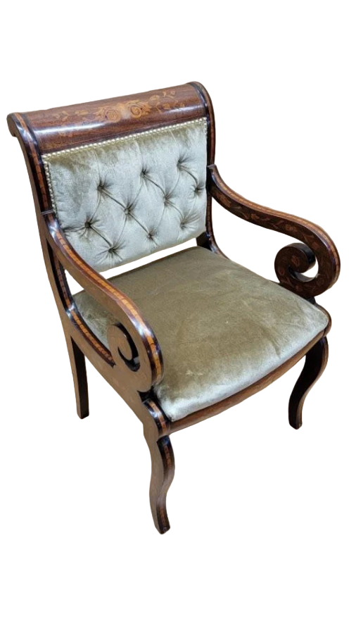 Antique Neoclassical Inlaid Scroll Arm Armchair Desk Chair Newly Reupholstered in Gold Velvet