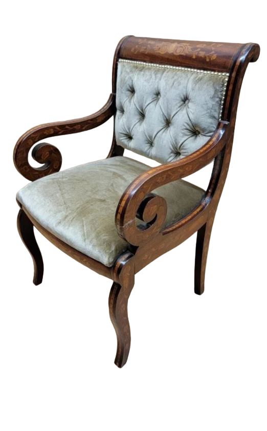 Antique Neoclassical Inlaid Scroll Arm Armchair Desk Chair Newly Reupholstered in Gold Velvet