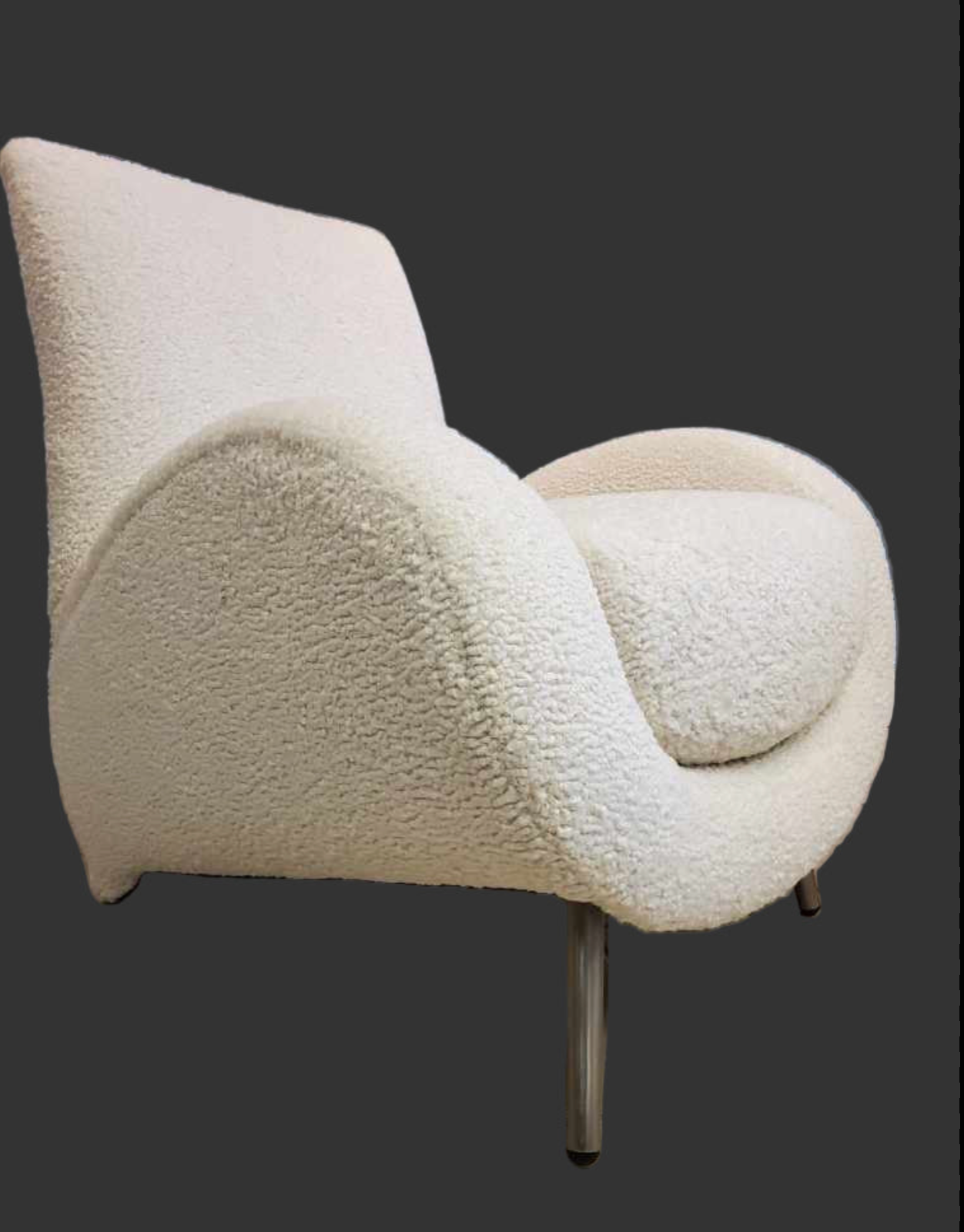 Mid Century Postmodern Italian Slant Back Club Chairs Newly Reupholstered in White Boucle - Pair