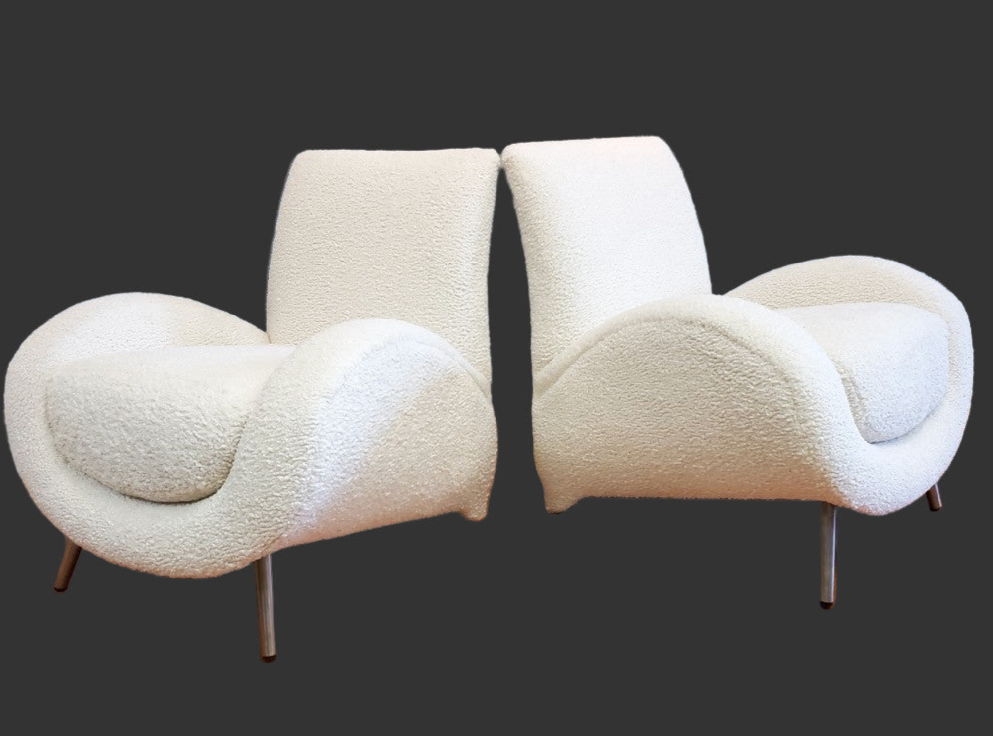 Mid Century Postmodern Italian Slant Back Club Chairs Newly Reupholstered in White Boucle - Pair