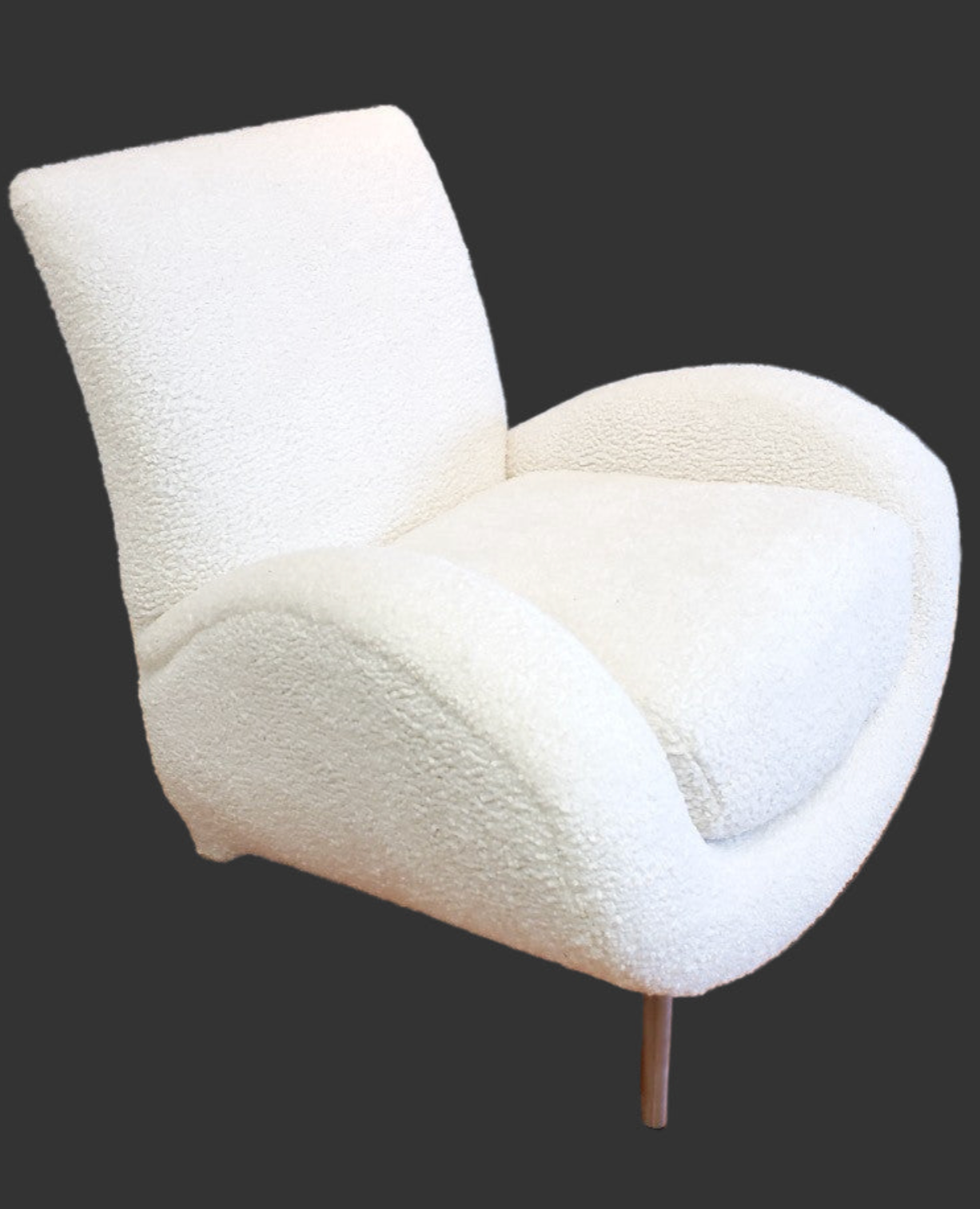 Mid Century Postmodern Italian Slant Back Club Chairs Newly Reupholstered in White Boucle - Pair
