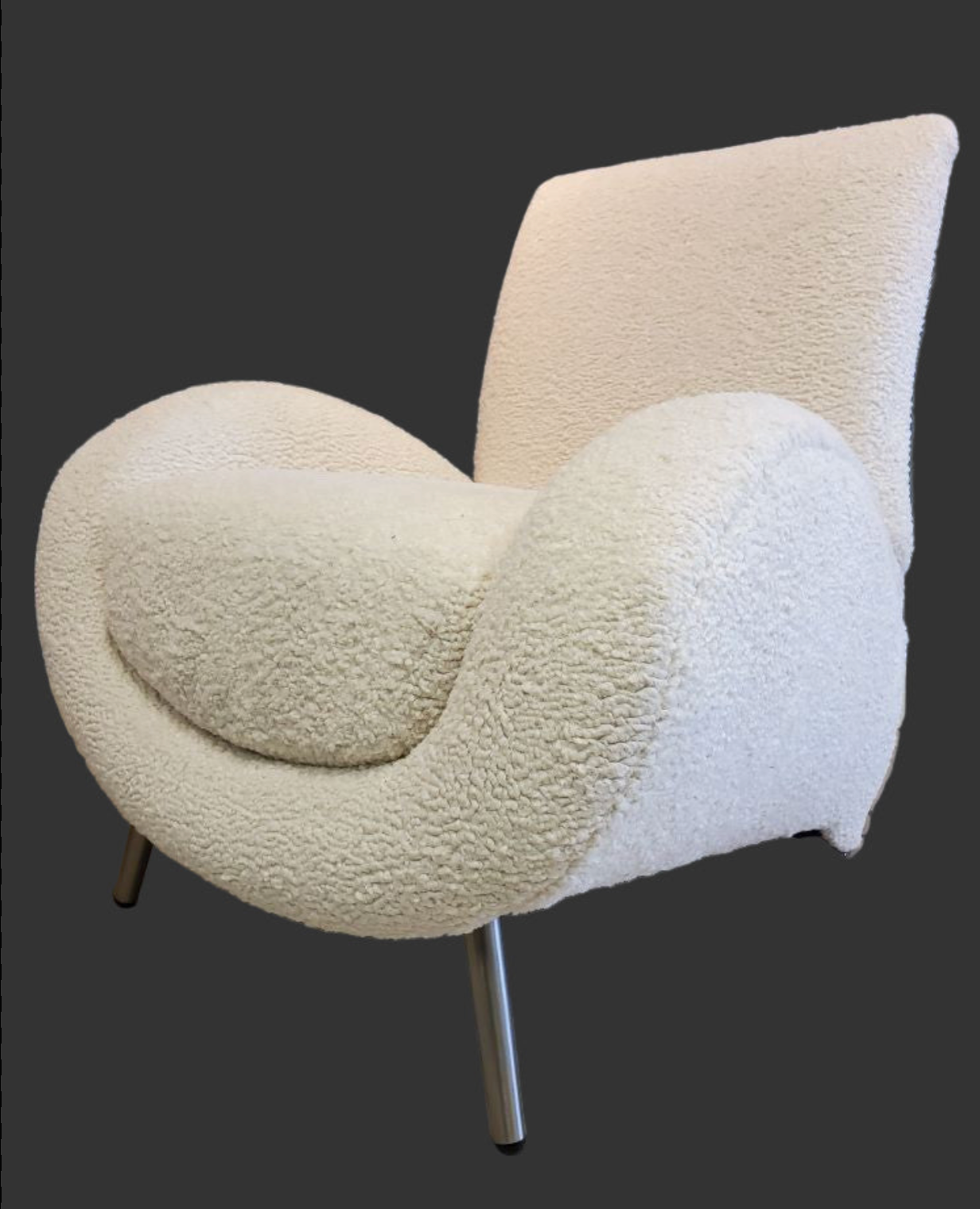 Mid Century Postmodern Italian Slant Back Club Chairs Newly Reupholstered in White Boucle - Pair