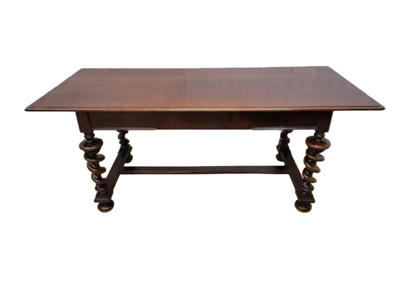 Antique Jacobean Revival Style Mahogany Carved Barley Twist Single Drawer Desk with Carved Barley Twist High Back Chair